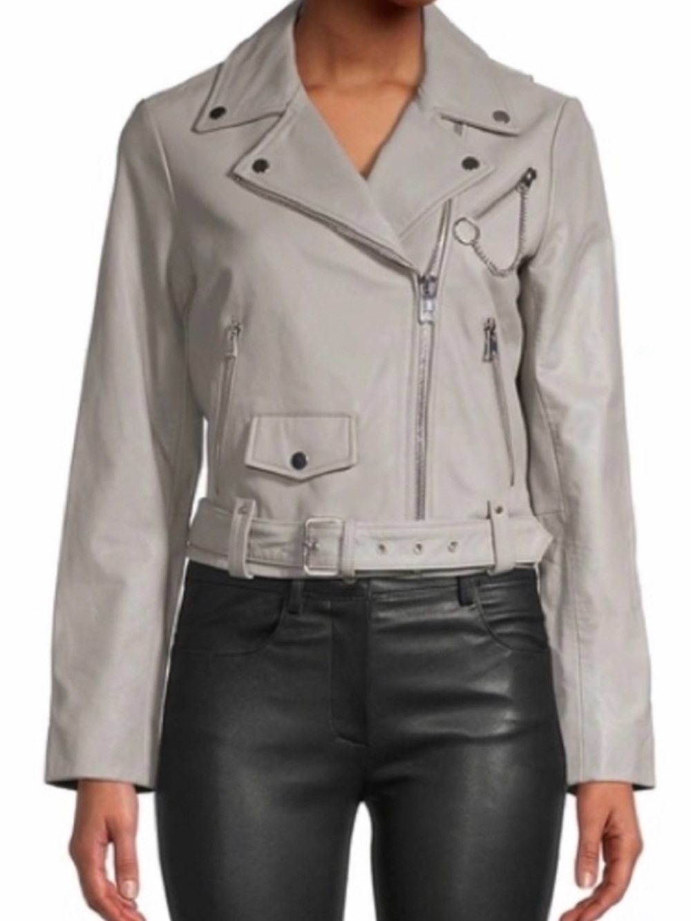 Maje Light Gray Leather Biker Jacket with Chain Detail